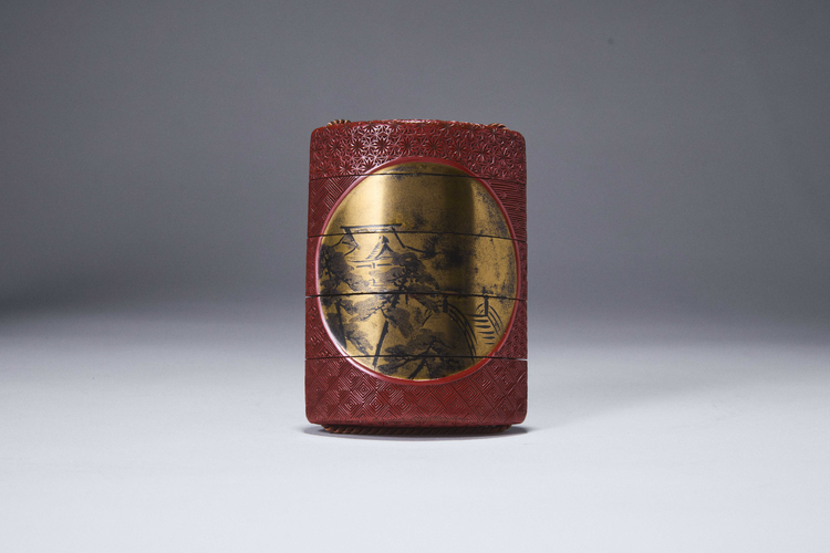 Four-Case Inro with Landscape and Wisteria Medallions