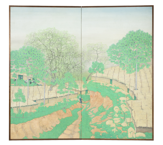 Two-Panel Screen with Tea Picking at Uji Japan