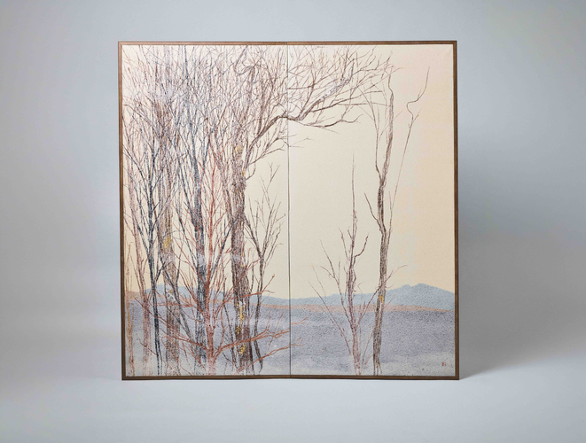 Two-Panel Folding Screen with Bare Trees and Distant Hills 