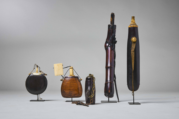Four Powder Flasks (Kayaku-ire) on Stands 