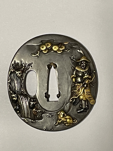 Mixed Metal Tsuba with a Mongolian Archer and his Dog