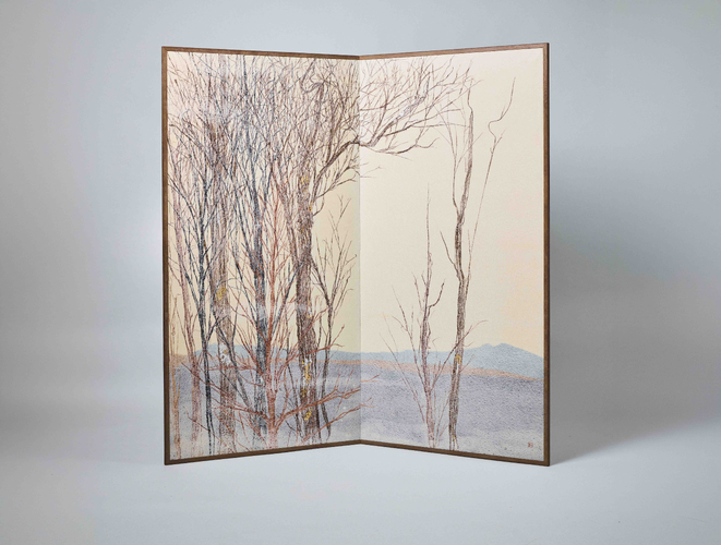 Two-Panel Folding Screen with Bare Trees and Distant Hills 