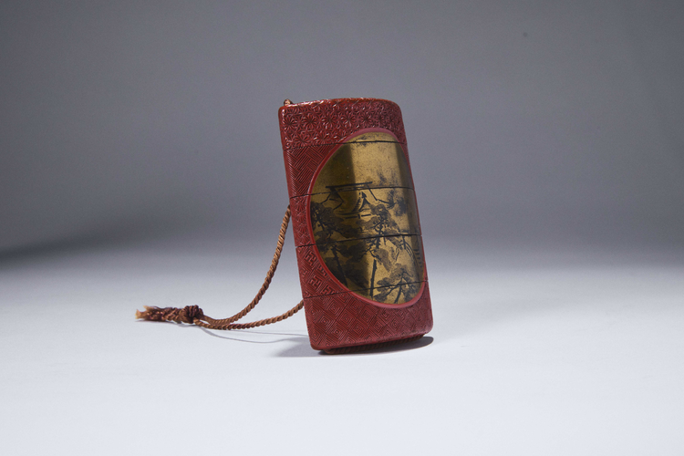Four-Case Inro with Landscape and Wisteria Medallions
