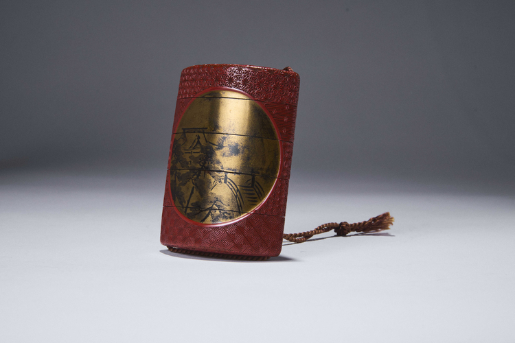 Four-Case Inro with Landscape and Wisteria Medallions