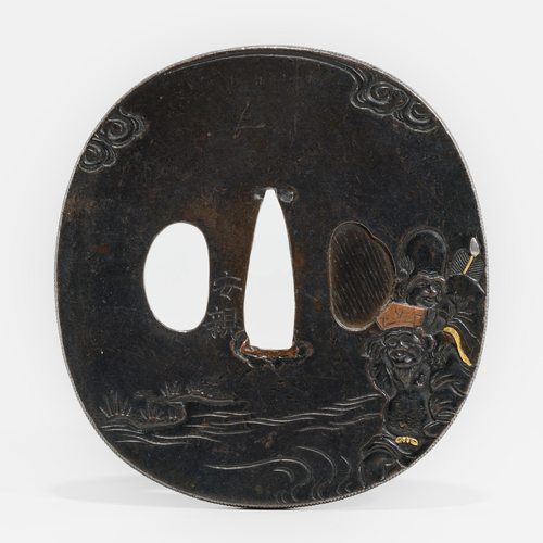 Shibuichi Tsuba with Fukurukuju and Daikoku